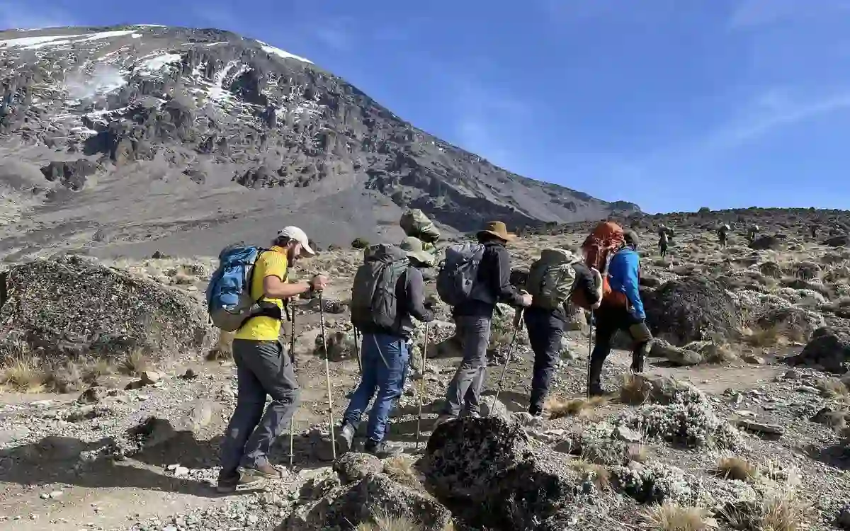 A group of enthusiastic trekkers embarking on the kilimanjaro machame route, surrounded by breathtaking landscapes and the promise of adventure.