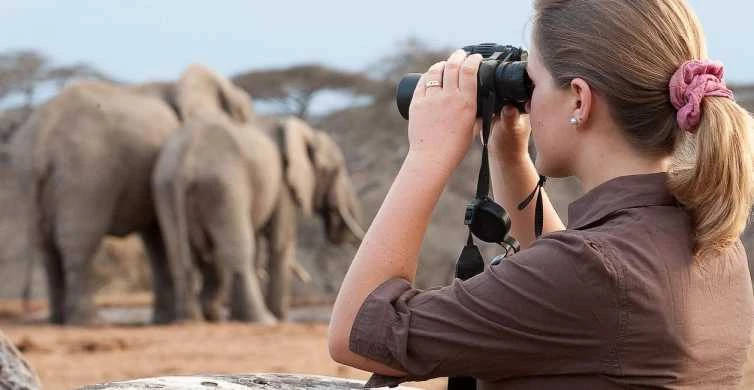 Amboseli travel advice: tourist observing elephants through binoculars, a crucial aspect of responsible safari experiences.