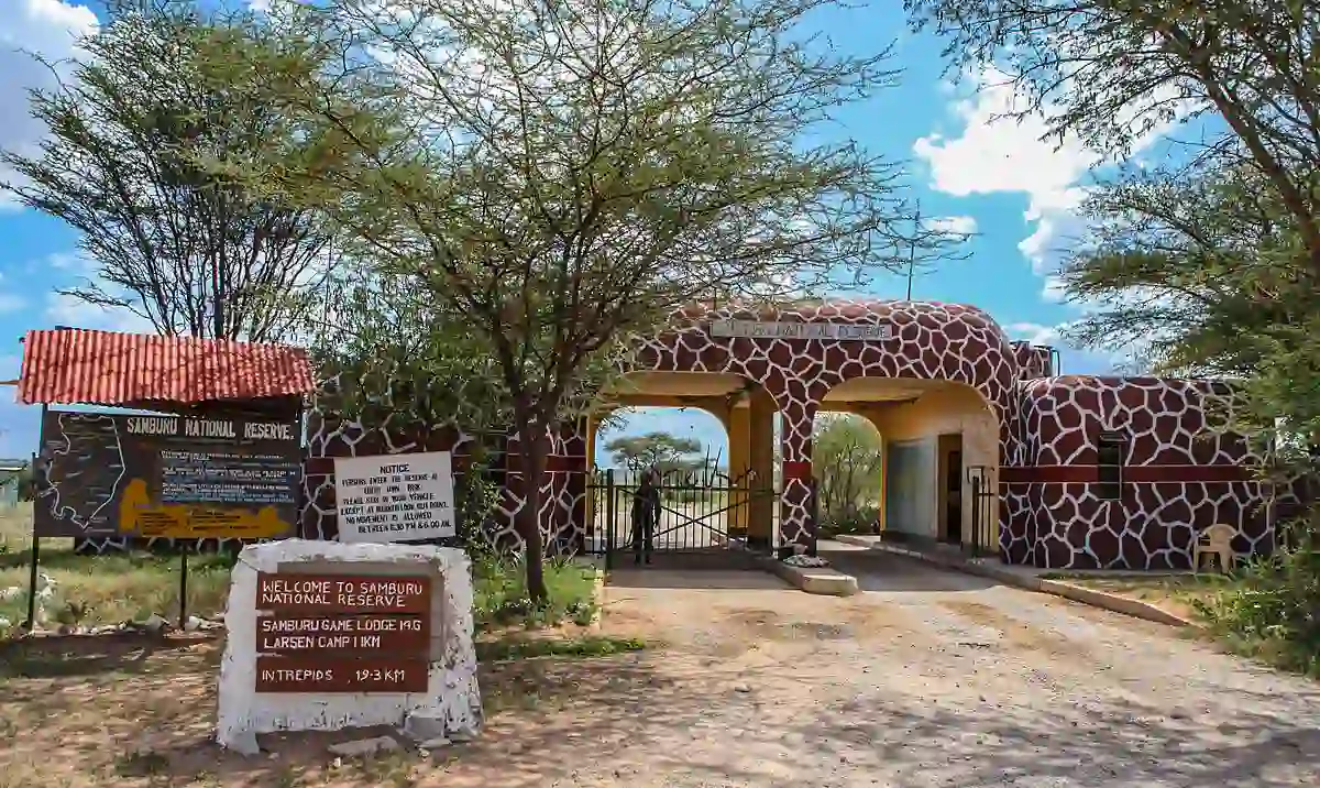 Samburu national park entrance gate in northern kenya, showcasing the beauty of the park's landscape and wildlife.